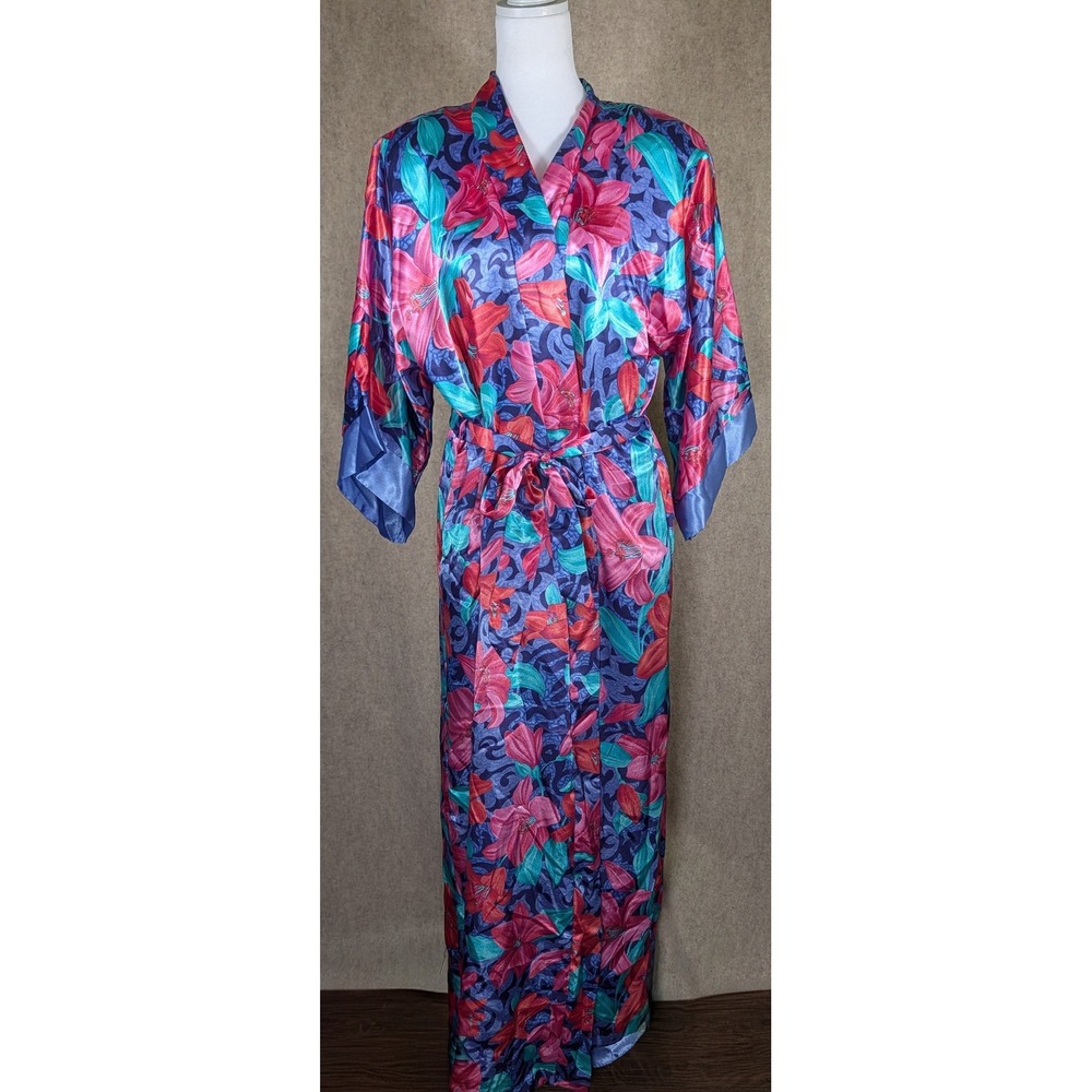 Vintage California Dynasty Floral Satin Robe Large Pink Blue Belted Peignoir USA - Picture 1 of 6